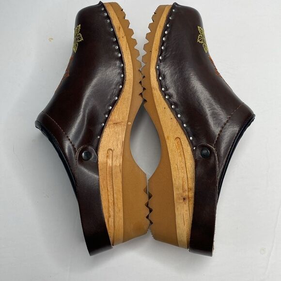 Troentorp Made In Sweden Brown Wooden Heel Embroidered Mule Clogs - Picture 7 of 11
